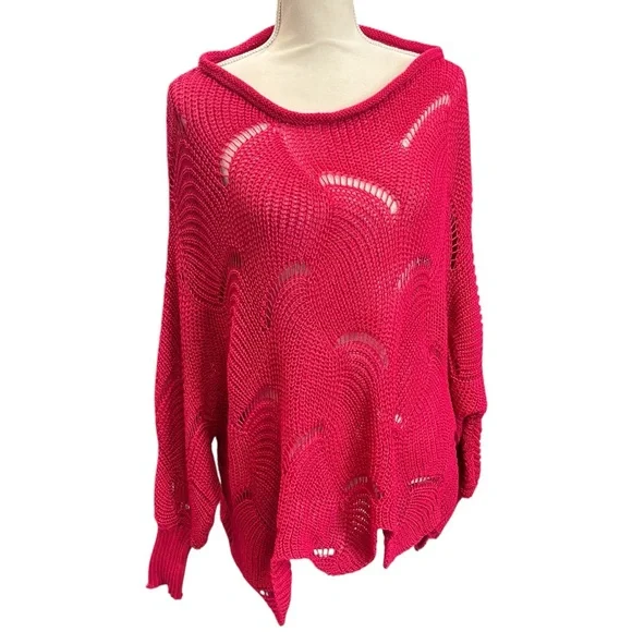 Davi & Dani Hot Pink Open Knit Sweater L Oversized Slouchy Beachy Lightweight - Picture 2 of 11
